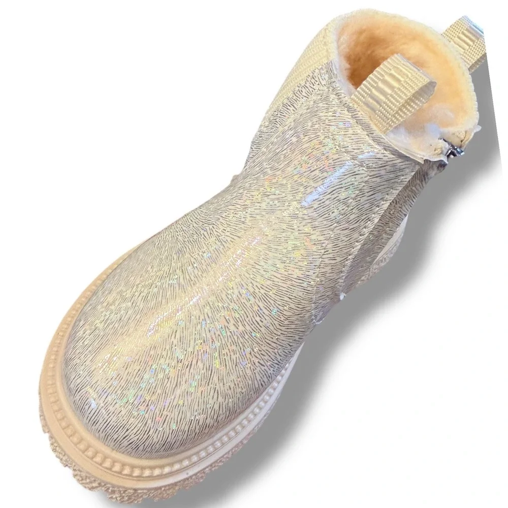 NIB Kids Girls Iridescent Glitter Winter Boots Side Zip Comfort Warm Sz 8